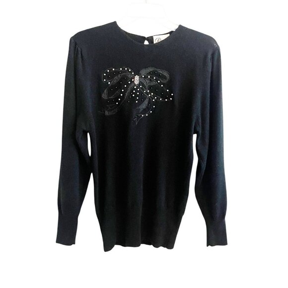 Vintage Rimini Beaded Bow Sweater Small Black Lambswool Angora 80s 90s Glam - Picture 1 of 6